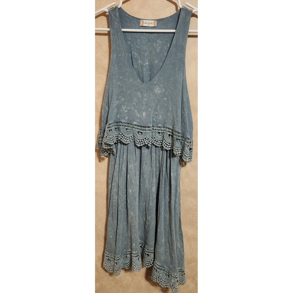 Altar'd State Blue Acid Wash Crochet Lace Trim Boho Mini Dress Womens Medium